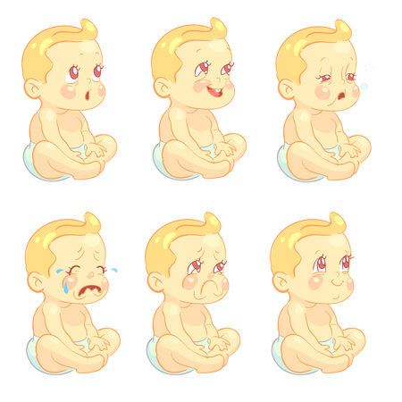 Baby, child emotions vector set. Happy or sad, crying and laughing illustrationのイラスト素材