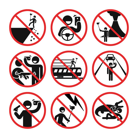 Death by selfie vector infographic. Ban selfie in dangerous places illustrationのイラスト素材