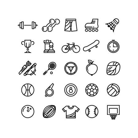 Sports outline symbols sports equipment thin line icons. Archery and badminton, football and basketball, vector illustrationのイラスト素材