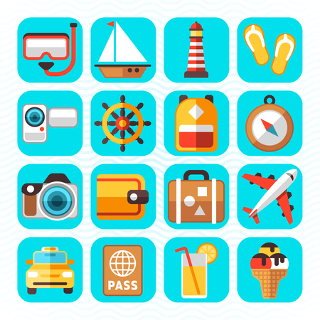 Travel tourism and vacation vector flat icons. Holiday relax, swim to sailboat and diving illustrationのイラスト素材