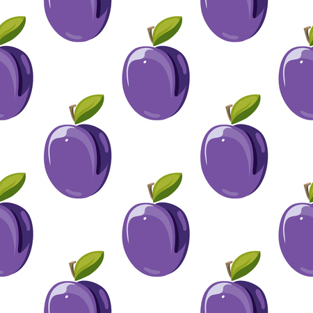 Blue plum fruits with green leaves vector seamless pattern illustrationの写真素材