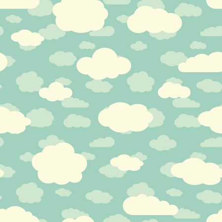 Blue sky and cute white clouds seamless pattern in retro colors. Vector illustrationの写真素材