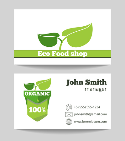Organic eco food shop business card template. Fresh green market. Vector illustrationの写真素材