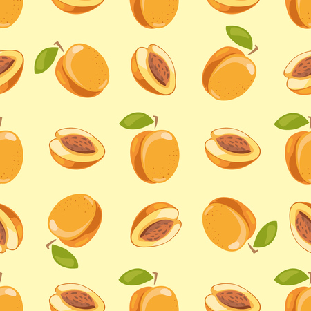 Vector peach seamless pattern yellow background. Sweet ripe fruit illustrationの写真素材