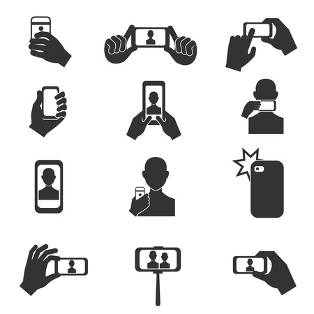 Selfie photo vector icons set. Photography with use smartphone and stick illustrationのイラスト素材