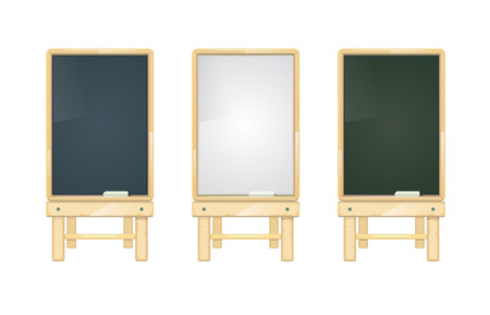 Cartoon black, white and green school blackboards on wooden stand vector set. Chalkboard for interior classroom illustrationのイラスト素材