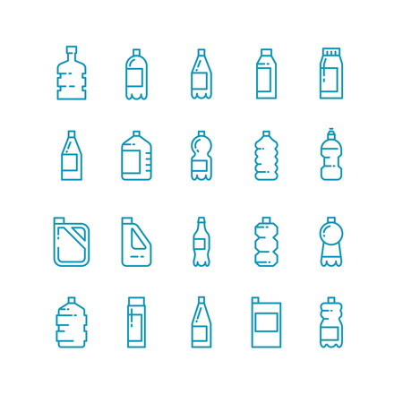 Plastic bottles line vector icons set. Container for beverage or milk, jerrycan in linear style for oil illustrationのイラスト素材