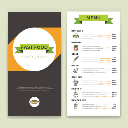 Fast food restaurant and cafe menu vector template with flat line icons. Hamburger and cake, snack and lunch illustrationのイラスト素材