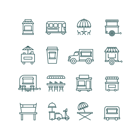 Street food retail, food truck line vector icons. Facade mobile cafe and restaurant illustrationのイラスト素材