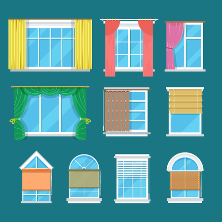 Flat vector window with curtains, drapery and shades blinds. Modern decor and interior for room illustrationのイラスト素材