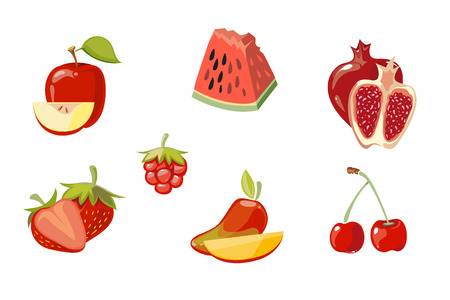 Vector red fruits collection isolated over white. Fresh healthy food illustrationのイラスト素材