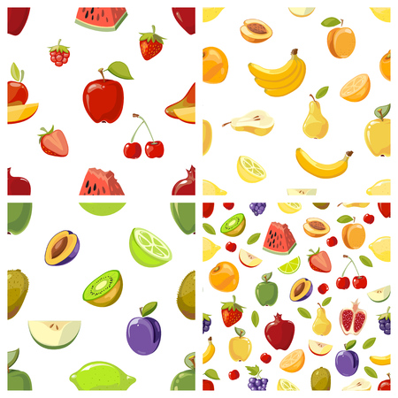 Set of vector fruits seamless patterns background. Kiwi plum and cherry illustrationのイラスト素材