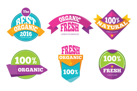 Colorful organic fresh natural labels set. Template badges and stickers. Vector illustrationのイラスト素材