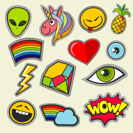 Patch girl tshirt pocket print vector icons. Heart and diamond, alien and unicornのイラスト素材