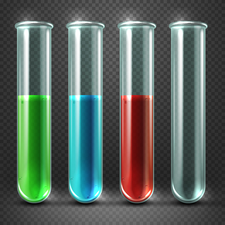 Vector test tubes filled with liquids of different colors and blood. Glass containers for research illustrationのイラスト素材