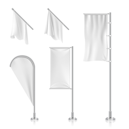 White blank flags, banners, advertising beach teardrop bow flags vector collection. Frame from canvas for advertisement and promotion illustrationのイラスト素材
