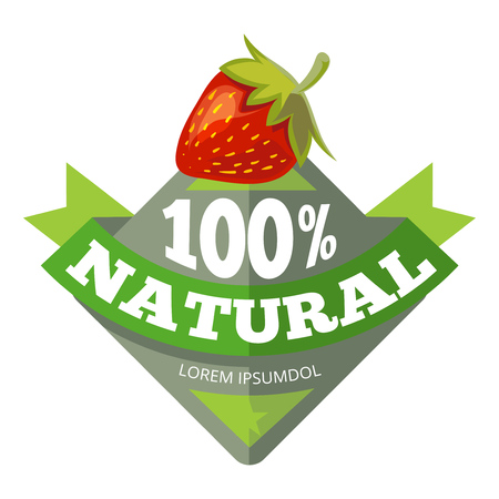 Organic natural fruits logo, label, badge with red strawberry. Vector illustrationのイラスト素材