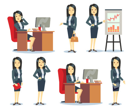 Office businesswoman in various situations vector characters cartoon flat set. Woman worker busy illustrationのイラスト素材