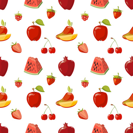 Red fruits seamless pattern over white background. Pomegranate apple and strawberries. Vector illustrationのイラスト素材