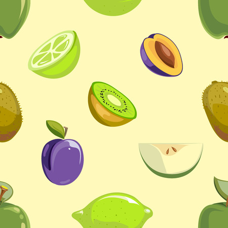 Green and blue fruits seamless pattern over white background. Kiwi and plum, vector illustrationのイラスト素材