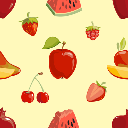 Red fruits seamless pattern over white background. Apple cherry and strawberry. Vector illustrationのイラスト素材