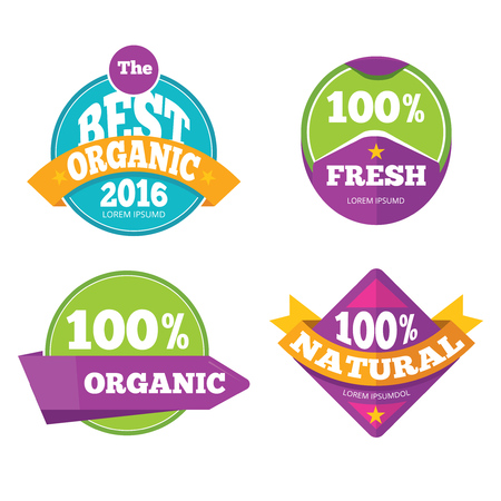 Colorful organic fresh natural labels set. Warranty and quality badges. Vector illustrationのイラスト素材