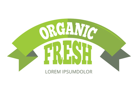 Green organic natural eco label with ribbon isolated on white background. Vector illustrationのイラスト素材