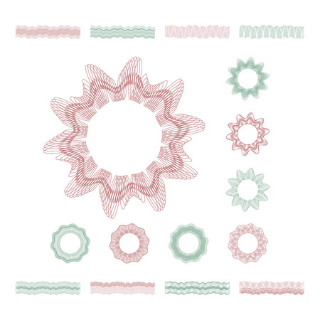 Guilloche engraving lines, money security borders vector decorative elements. Watermark for banknote protection illustrationのイラスト素材