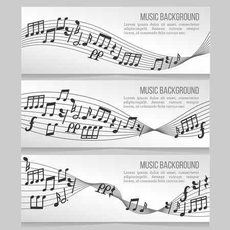 Music banners vector set with music notes and sound wave. Card with music note for melody illustrationのイラスト素材