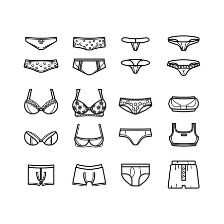 Lingerie womens and mens underwear thin line icons vector set. Illustration of brief and bikiniのイラスト素材