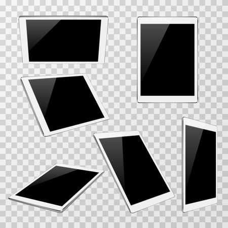 White vector tablet at different angles of view isolated on transparent plaid background. Set of modern portable gadget illustrationのイラスト素材