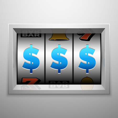 Slot machine, fruit machine or one armed bandit scoreboard. Gambling puggy vector concept. Winning jackpot in casino game illustrationのイラスト素材