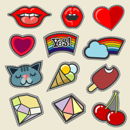 Colorful vector embroidery patches set. Sticker and badge ice cream, cat and diamond illustrationのイラスト素材