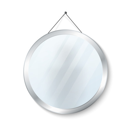 Round mirror with steel frame vector illustration. Glossy circle mirror isolated on white backgroundのイラスト素材