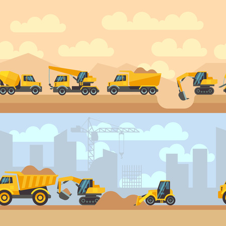Seamless horizontal construction backgrounds with construction equipment machines cranes tractor trucks flat icons. Vector illustrationのイラスト素材