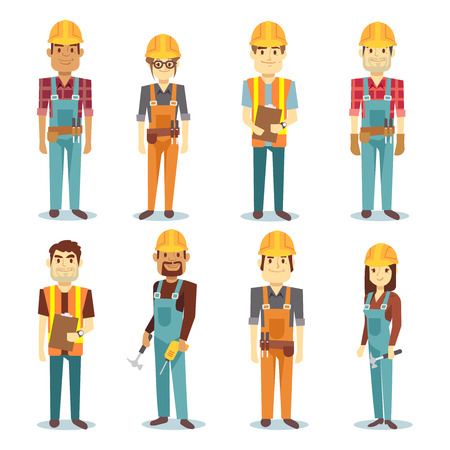 Builder contractor man and female worker vector people character set. Worker male and professional engineer illustrationのイラスト素材