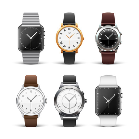 Classic watches isolated on white vector set. Wristwatch silver and gold illustrationのイラスト素材
