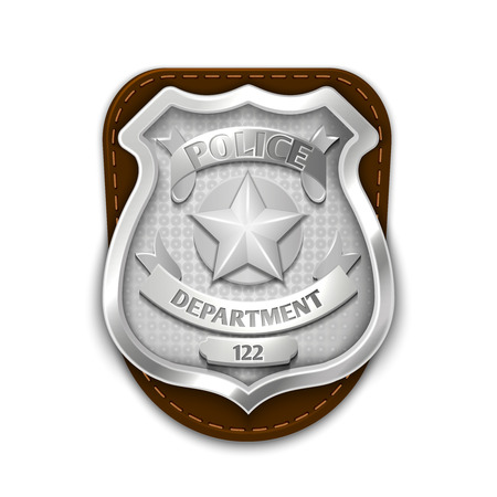Silver steel police, security badge isolated on white background vector illustration. Emblem for sheriff or policemanのイラスト素材