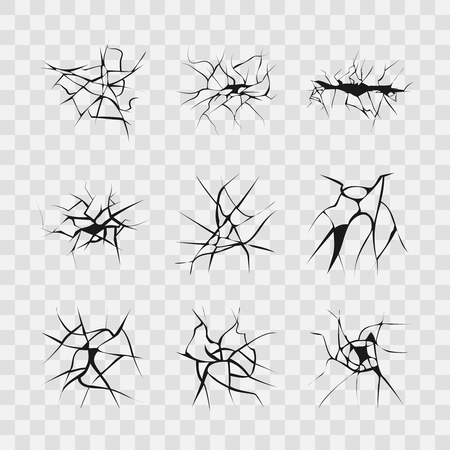 Realistic wall cracks isolated on transparent checkered background. Damage and cleft in ground after earthquake illustrationのイラスト素材