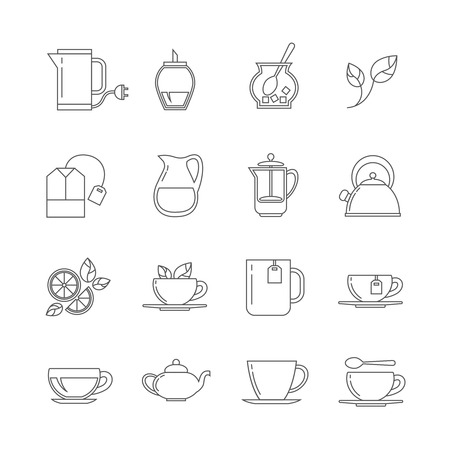 Tea thin line vector icons set. Breakfast beverage, teacup with sugar and lemon illustrationのイラスト素材