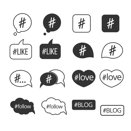 Hashtag post social media vector icons set. Like and follow, love tag illustrationのイラスト素材