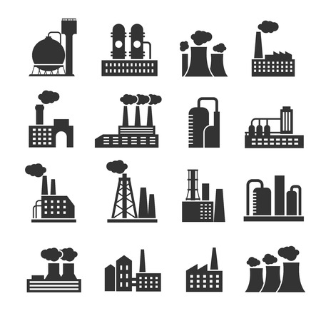 Industrial factory and plant buildings vector icons set. Silhouette of power manufactory illustrationのイラスト素材