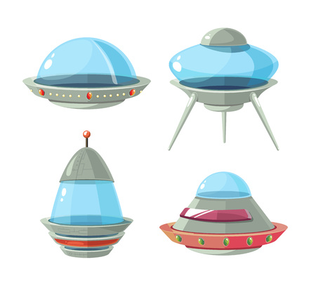 Cartoon alien spaceship, spacecrafts and ufo vector set. Cosmic ship in form saucer for transportation illustrationのイラスト素材
