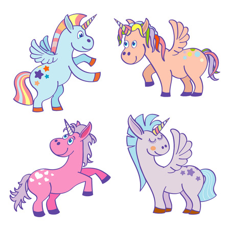 Cute cartoon miracle unicorns vector set. Happy horse with horn illustrationのイラスト素材
