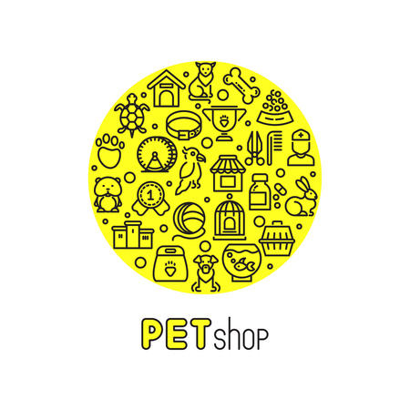 Pet shop and vet clinic vector with line icons of cats, dogs, goods for animals. Linear kennel and aquarium for domestic animal illustrationのイラスト素材