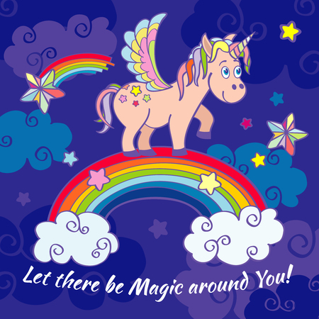 Cute unicorn and rainbow fairy vector background, poster, greeting card. Happy horse on rainbow illustrationのイラスト素材