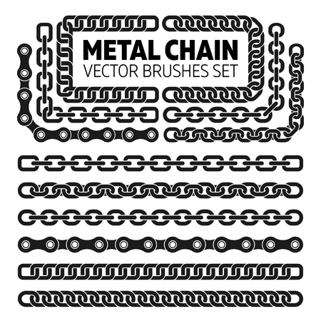 Metal chain links vector pattern brushes set. Interlink border frame illustrationのイラスト素材