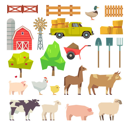 Cartoon farm elements, animals and tools, trees and agricultural machinery. Fruit and windmill, farming building illustrationのイラスト素材