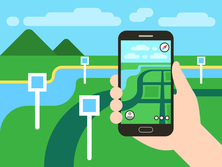 Smartphone with mobile gps navigation system and map with pins. Vector app game concept. Location seach positioning illustrationのイラスト素材