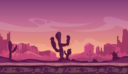 Desert wild cartoon landscape in sunset with cactus, hills and mountains. Seamless background for interface computer game. Vector illustrationのイラスト素材